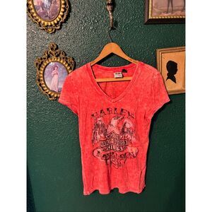 Harley Davidson Rhinestone Shirt Size Medium Red Orange